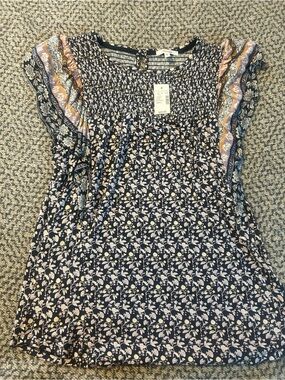 Maurices Navy Floral Smocked Sleeve Top